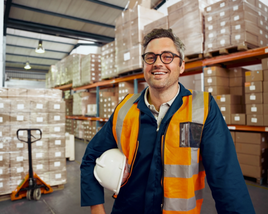 man in warehouse with hard hat